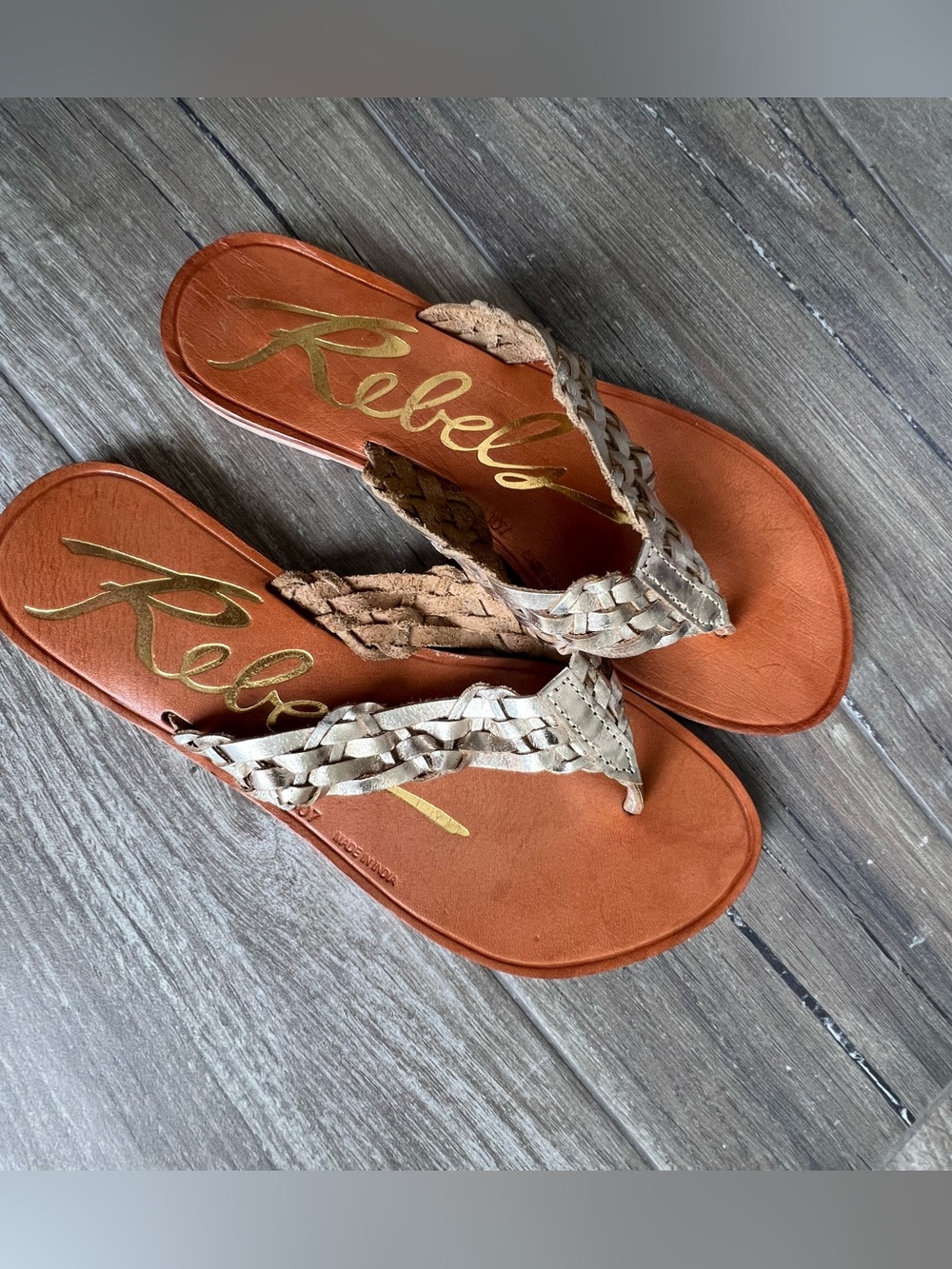 rebels Braided Tan Thong Sandals with Orange Footbed